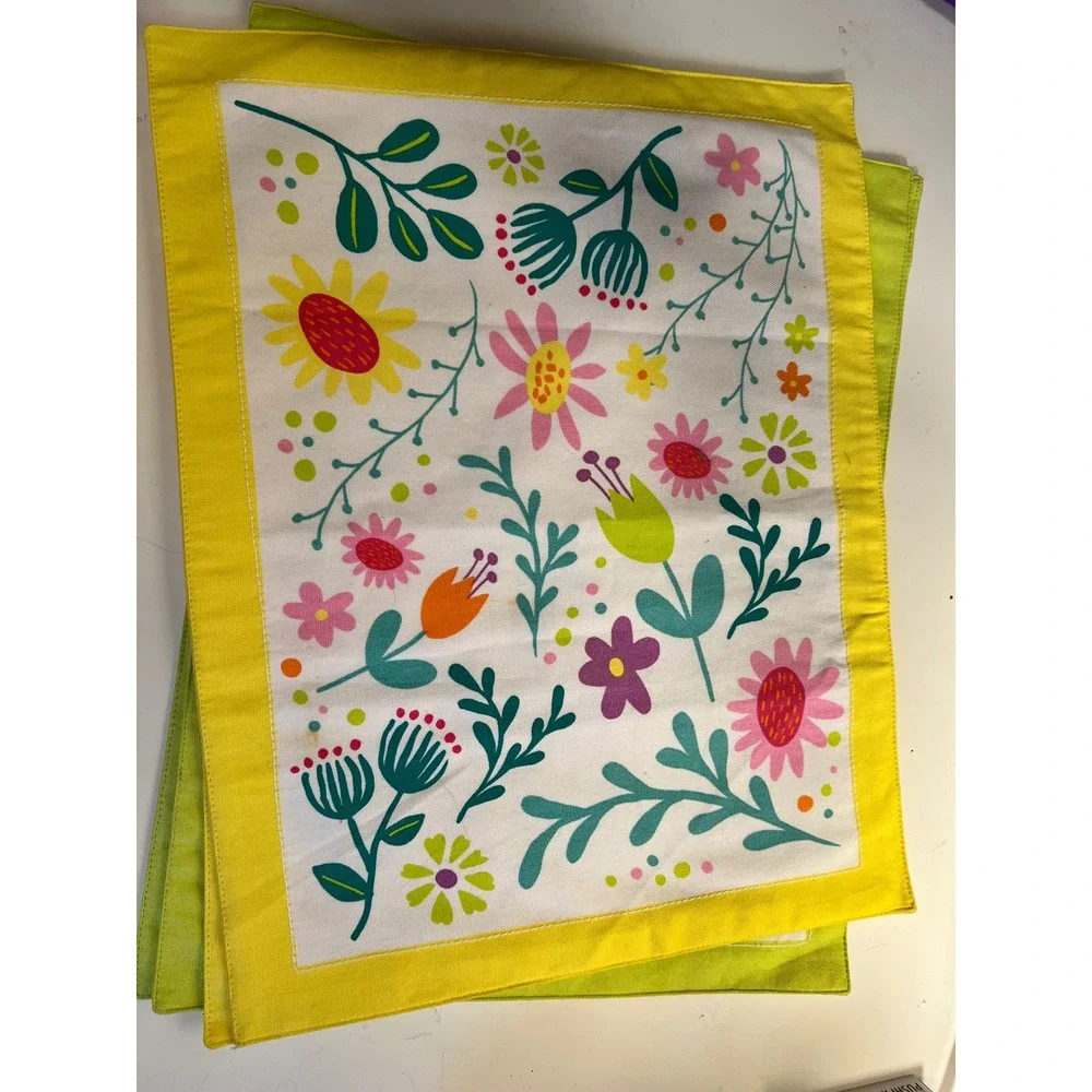 Handmade Set of 6 Floral Placemats Pink Yellow Green Reversible Botanical‎ Print